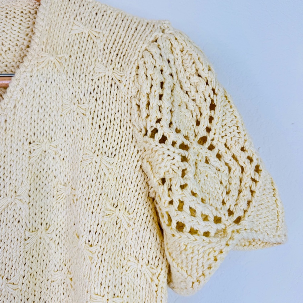 French Countryside Charm Butter Yellow Knit Cardigan Sweater Bows Vintage - Picture 12 of 13